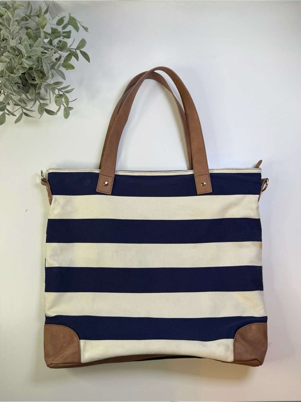 Merona Nautical Navy & Cream Striped Canvas Tote Beach Bag with Crossbody Strap
